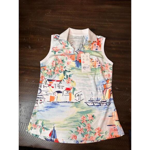 Walter Hagen- XS Sleeveless Polo Floral Nautical Print White Collar VNeck Resort - Picture 3 of 3